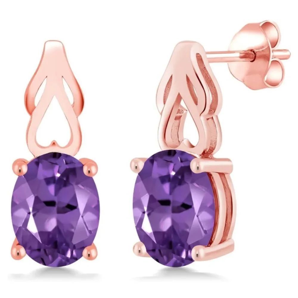 18K Rose Gold 925 with 3.32 Cttw Amethyst Oval Post Back Drop Earrings